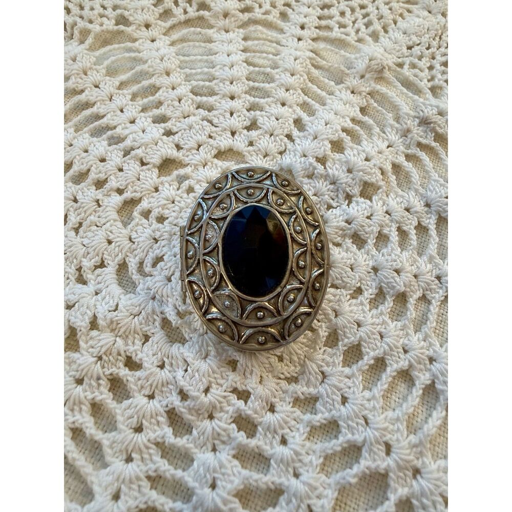 Vintage 1966 Signed Avon Silver Tone Faceted Black Stone Perfume Locket Brooch